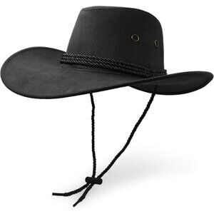 Unisex Black Faux Wide Brim with Braided Band Chin Strap Classic Cowboy Felt Hat